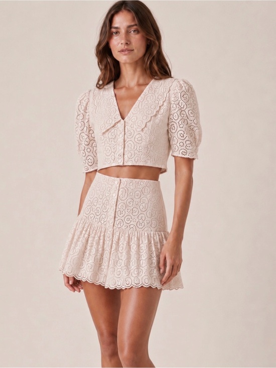 Sandro Dresses & Skirts - Sandro Cream Blush Eyelet Cropped Top & Mini Skirt Set Scalloped Small